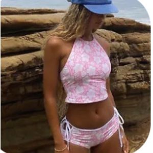 Frankies Bikinis pink floral halter and boy shorts bikini